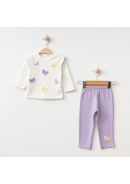 Kız Bebek Giyim Renkli Kelebek Desenli Fırfır Uzun Kollu Alt-Üst 2'li Pijama Takımı %100 Pamuk