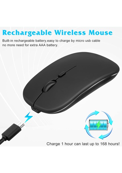 Mat SİYAH Slim Sessiz ŞARJ EDİLEBİLİR Pilli Bataryalı Laptop Uyumlu Kablosuz Wıreless Optik Fare Mouse 2.4GHZ SESSİZ TIKLAMA KENDİNDEN PİLLİ