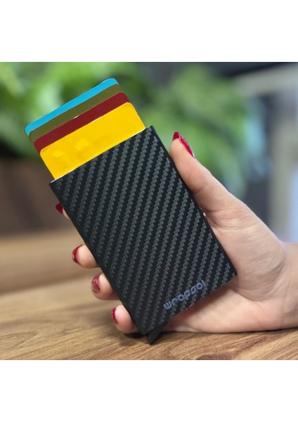 Mekanizmalı Kartlık Rfid Korumalı Alüminyum Otomatik Mekanizmalı Kredi Kartlık Desenli Siyah Karbon