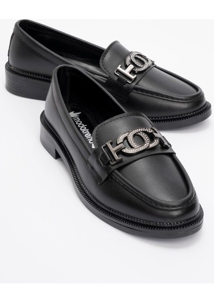 Kaydırmaz Taşlı Tokalı Kadın Loafer Ayakkabı SİYAH CİLT