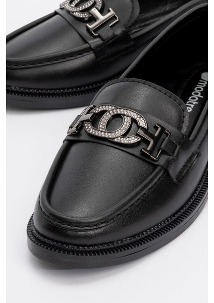 Kaydırmaz Taşlı Tokalı Kadın Loafer Ayakkabı SİYAH CİLT modelleri