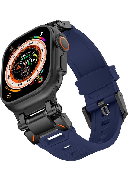 Watch Ultra 49MM Uyumlu Zore - KRD-101 Titanyum Metal Başlıklı Silikon Kordon-Siyah-Mavi indirimleri