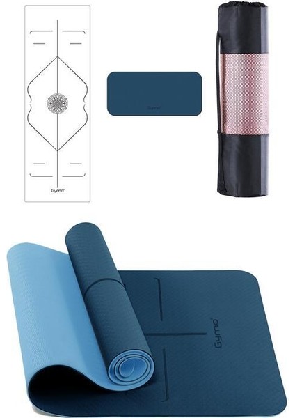 Hizalamalı 6mm Tpe Yoga Matı Pilates Minderi Diz Dirsek Koruyucu Matlı Set Mavi