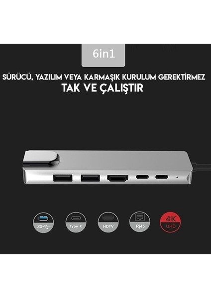 Multifunction-02 6 In 1 Type-C™ to 4K HDMI Tv Projeksiyon Ultra Hd 1080P 2*Type-C 2*USB 3.0 Ethernet Lan Adaptör