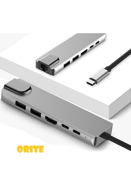 Multifunction-02 6 In 1 Type-C™ to 4K HDMI Tv Projeksiyon Ultra Hd 1080P 2*Type-C 2*USB 3.0 Ethernet Lan Adaptör