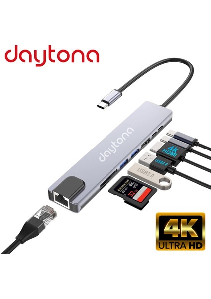 Multifunction-02 6 In 1 Type-C™ to 4K HDMI Tv Projeksiyon Ultra Hd 1080P 2*Type-C 2*USB 3.0 Ethernet Lan Adaptör