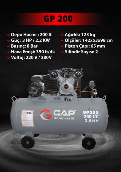 GAP | 200 lt 2 Kafa 8 Bar Pistonlu Hava Kompresörü