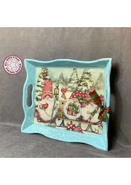 El Yapımı Yılbaşı Temalı Epoksi Yüzeyli Ahşap Tepsi - 31 X 37 Cm