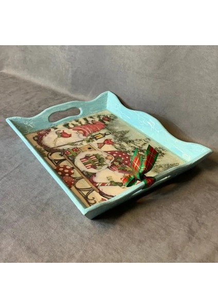 El Yapımı Yılbaşı Temalı Epoksi Yüzeyli Ahşap Tepsi - 31 X 37 Cm