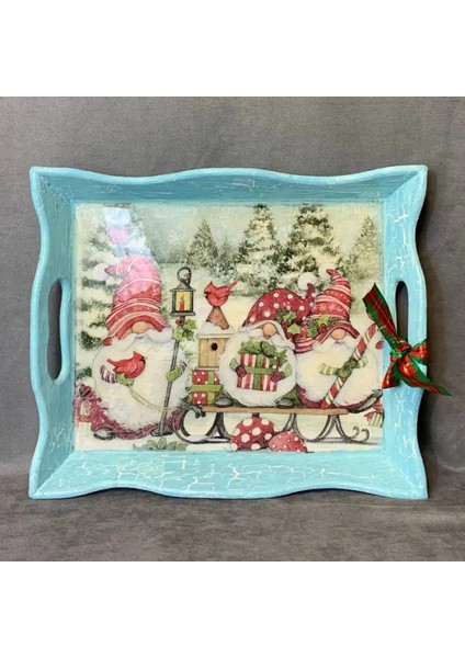 El Yapımı Yılbaşı Temalı Epoksi Yüzeyli Ahşap Tepsi - 31 X 37 Cm