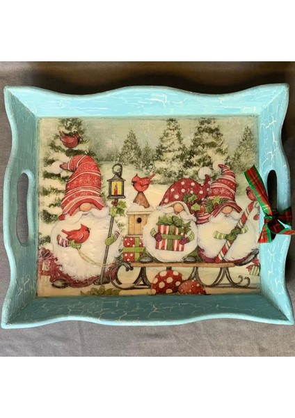 El Yapımı Yılbaşı Temalı Epoksi Yüzeyli Ahşap Tepsi - 31 X 37 Cm