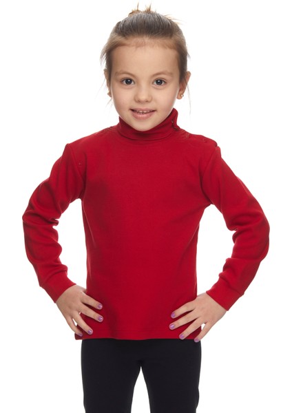 Kırmızı Basic Kız Çocuk Çıtçıtlı Tam Balıkçı Yaka Şardonlu Kışlık Uzun Kollu Tişört