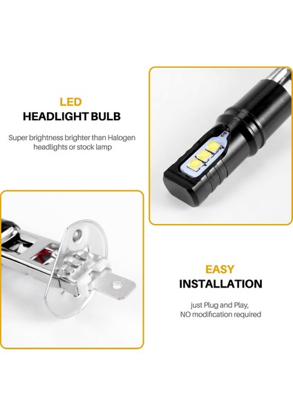 2x H1 6000K Süper Parlak Beyaz 6000LM Drl LED Far Ampul Kiti Yüksek Işın (Yurt Dışından)