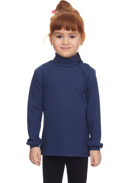 Açık Lacivert Basic Kız Çocuk Çıtçıtlı Tam Balıkçı Yaka Şardonlu Kışlık Uzun Kollu Tişört