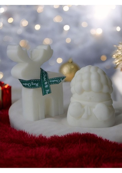 El Yapımı 2'li Dekoratif Soya Wax Mum Seti - Sevimli Tasarım ve Geyik Yılbaşı Dekoratif Mum modelleri