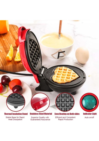 Mini Waffle Makinesi, Kolay Temizlenebilir, Yapışmaz Kenarlar, Kırmızı Kalp, 10 cm (Yurt Dışından)