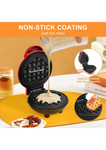 Mini Waffle Makinesi, Kolay Temizlenebilir, Yapışmaz Kenarlar, Kırmızı Kalp, 10 cm (Yurt Dışından)