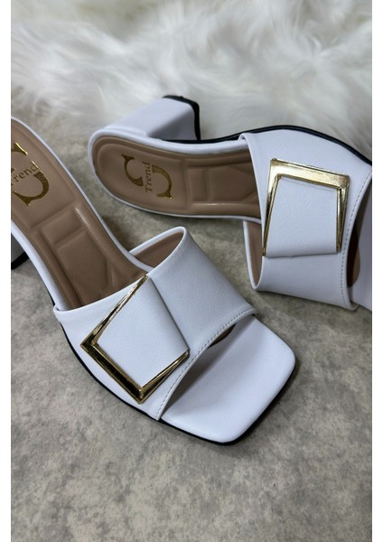 Kadın Günlük Terlik Suni Deri Rahat Yumuşak Taban Orta Topuklu Beyaz 219