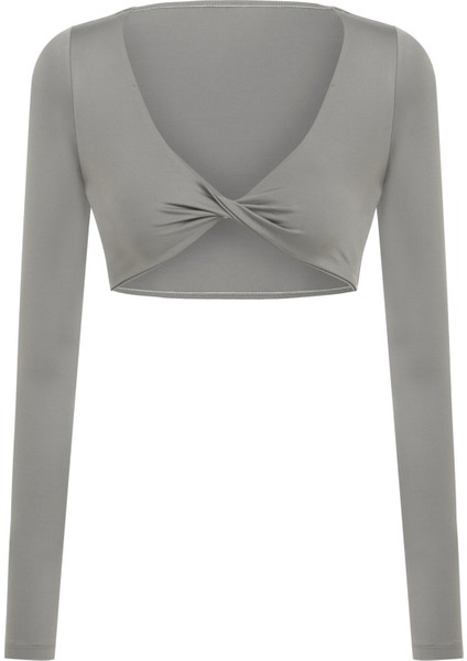 Ava Dönmeli Uzun Kol Antrasit Crop-Top