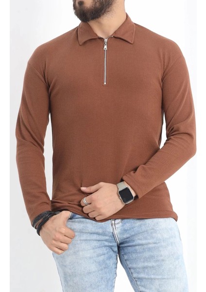 Polo Yaka Fermuarlı Erkek Sweatshirt Kahve - 20128.1874.