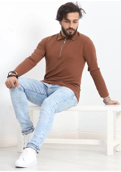 Polo Yaka Fermuarlı Erkek Sweatshirt Kahve - 20128.1874.