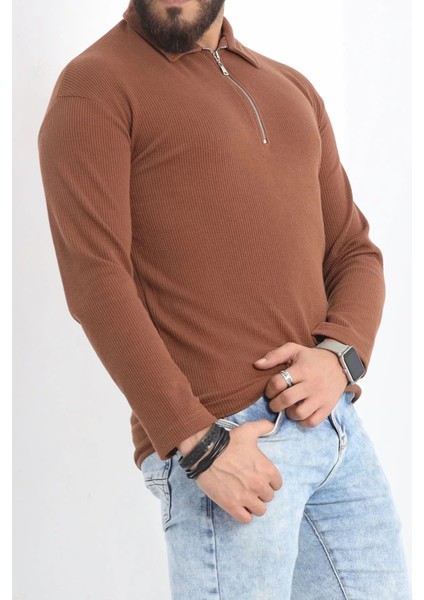 Polo Yaka Fermuarlı Erkek Sweatshirt Kahve - 20128.1874.