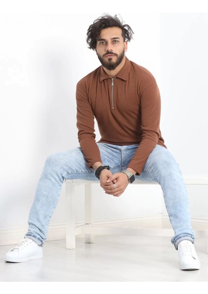Polo Yaka Fermuarlı Erkek Sweatshirt Kahve - 20128.1874.