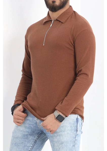 Polo Yaka Fermuarlı Erkek Sweatshirt Kahve - 20128.1874.
