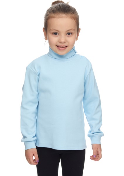 Bebek Mavisi Basic Kız Çocuk Çıtçıtlı Tam Balıkçı Yaka Şardonlu Kışlık Uzun Kollu Tişört