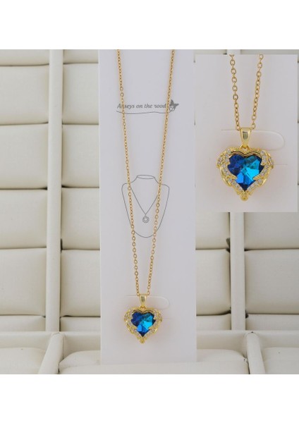 Kalpli Mavi Zirkon Taşlı Çelik Kolye