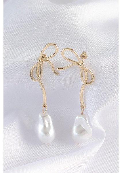 Pirinç Gold Renk Fiyonk Model İnci Taşlı Uzun Küpe - TJ-BKP8923 fiyatları