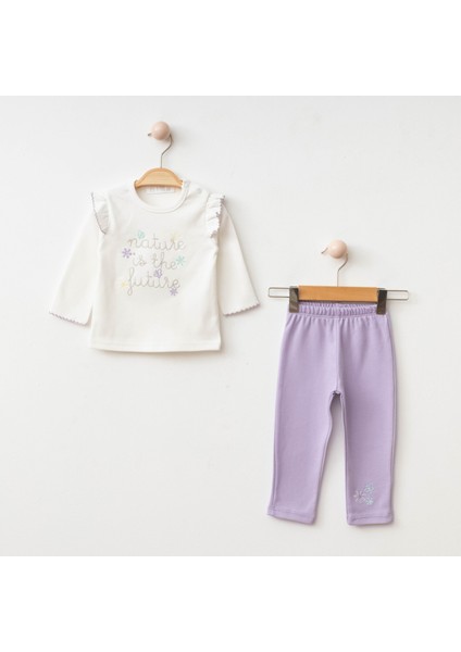 Kız Bebek Giyim Yazı Desenli Fırfır Detaylı Uzun Kollu %100 Pamuk Alt-Üst 2'li Pijama Takımı