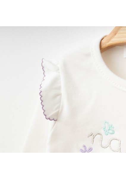 Kız Bebek Giyim Yazı Desenli Fırfır Detaylı Uzun Kollu %100 Pamuk Alt-Üst 2'li Pijama Takımı