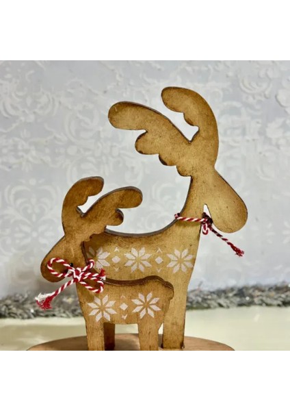 El Yapımı Noel Baba Biblo ve Ahşap Geyikli Peçetelik 2'li Dekoratif Set