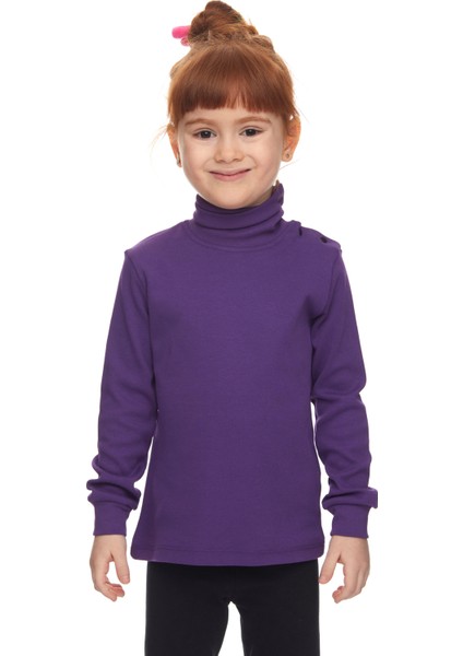 Mor Basic Kız Çocuk Çıtçıtlı Tam Balıkçı Yaka Şardonlu Kışlık Uzun Kollu Tişört