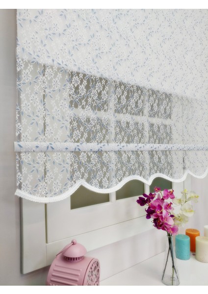 Çiftli Sistem Yeni Beyaz-Mavi Papatya Dantel Series Tül + Stor fiyatları