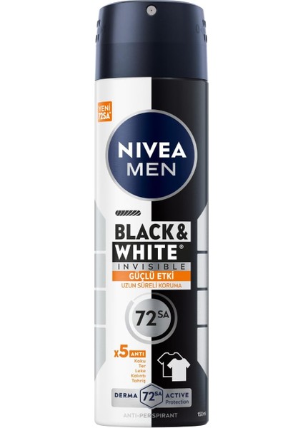 Men Erkek Sprey Deodorant Black & White Invisible Güçlü Etki 72 Saat Anti-Perspirant Koruma 150ml