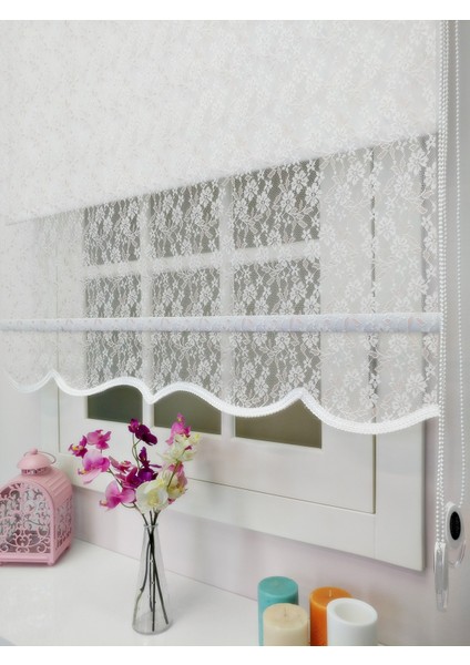 Çiftli Sistem Yeni Beyaz-Toz Pembe Papatya Dantel Series Tül + Stor