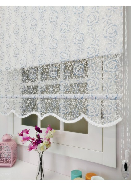 Çiftli Sistem Yeni Beyaz-Mavi Gül Dantel Series Tül + Stor