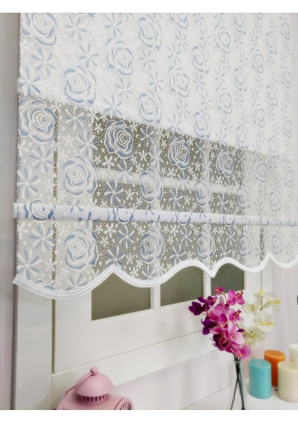 Çiftli Sistem Yeni Beyaz-Mavi Gül Dantel Series Tül + Stor fiyatları