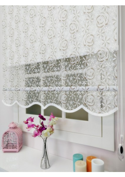 Çiftli Sistem Yeni Beyaz-Bej Gül Dantel Series Tül + Stor