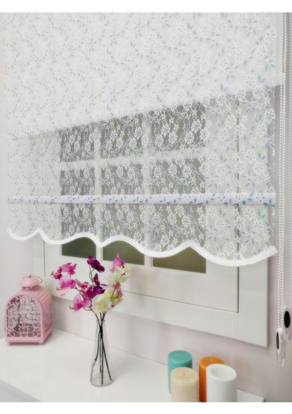 Çiftli Sistem Yeni Beyaz-Mavi Papatya Dantel Series Tül + Stor