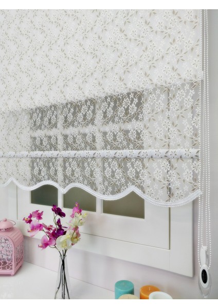 Çiftli Sistem Yeni Beyaz-Bej Papatya Dantel Series Tül + Stor