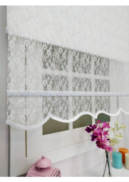 Çiftli Sistem Yeni Beyaz-Toz Pembe Papatya Dantel Series Tül + Stor fırsatları