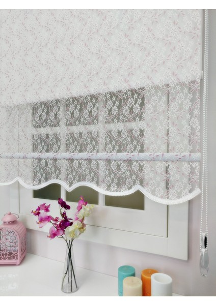 Çiftli Sistem Yeni Beyaz-Fuşya Papatya Dantel Series Tül + Stor