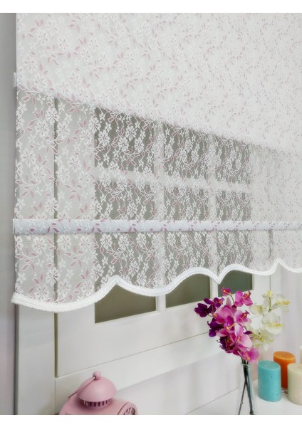 Çiftli Sistem Yeni Beyaz-Fuşya Papatya Dantel Series Tül + Stor fırsatları