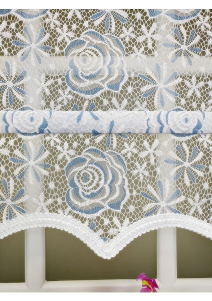 Çiftli Sistem Yeni Beyaz-Mavi Gül Dantel Series Tül + Stor modelleri