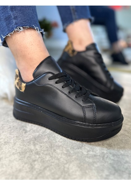 Günlük Kadın Sneaker Bağcıklı Hafif Kalın Yüksek Tabanlı Leopar Detaylı Yürüyüş Spor Ayakkabı 065
