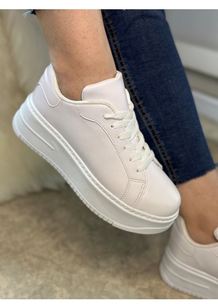 Günlük Kadın Sneaker Bağcıklı Hafif Kalın Yüksek Tabanlı Leopar Detaylı Yürüyüş Spor Ayakkabı 065