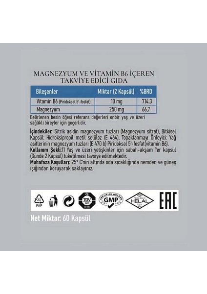 Magnezyum ve Vitamin B6 60 Kapsül